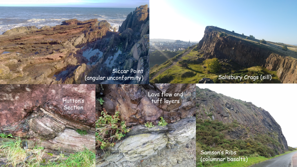 Five photos of rocks near Edinburgh. Photos are: Siccar Point (angular unconformity), Salisbury Crags (sill), Hutton's section, Lava flow and tuff layers, and Samson's Ribs (columnar basalts).
