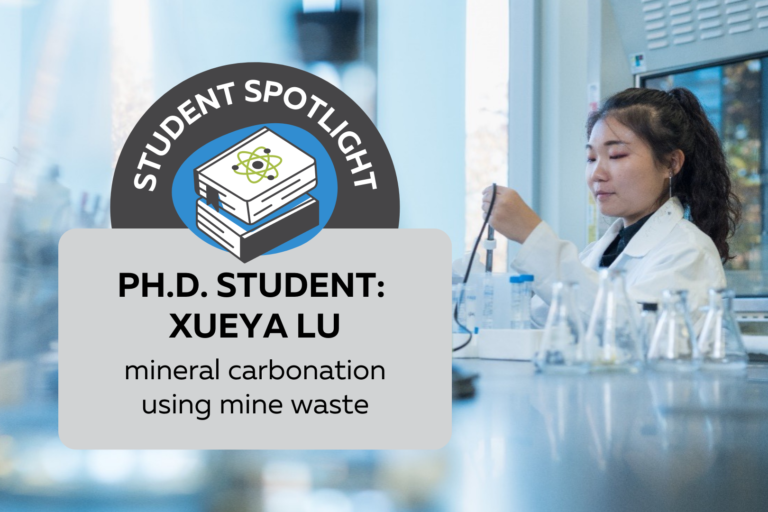 Woman in a white lab coat measuring something in a lab. On the left side of the image text reads "Student Spotlight. Ph.D. Student: Xueya Lu. mineral carbonation using mine waste."