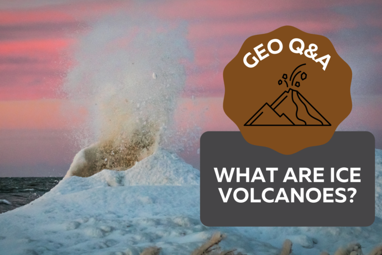 Ice volcanoes on the shore of a frozen lake. Text on top reads: Geo Q&A What are ice volcanoes?