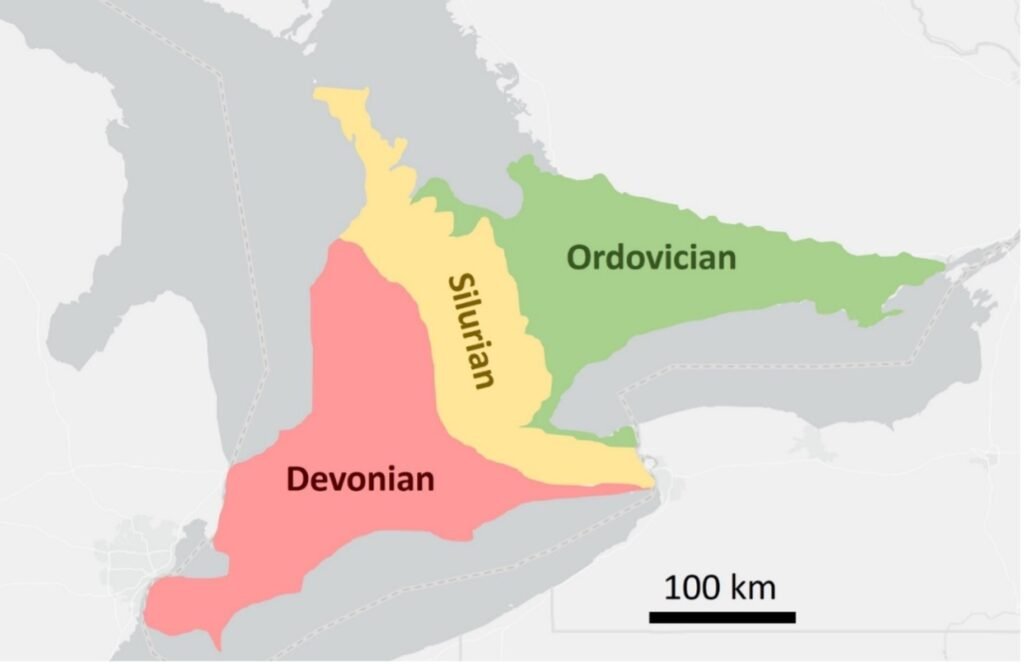 Map of southwestern Ontario showing rock units exposed at or near the surface.