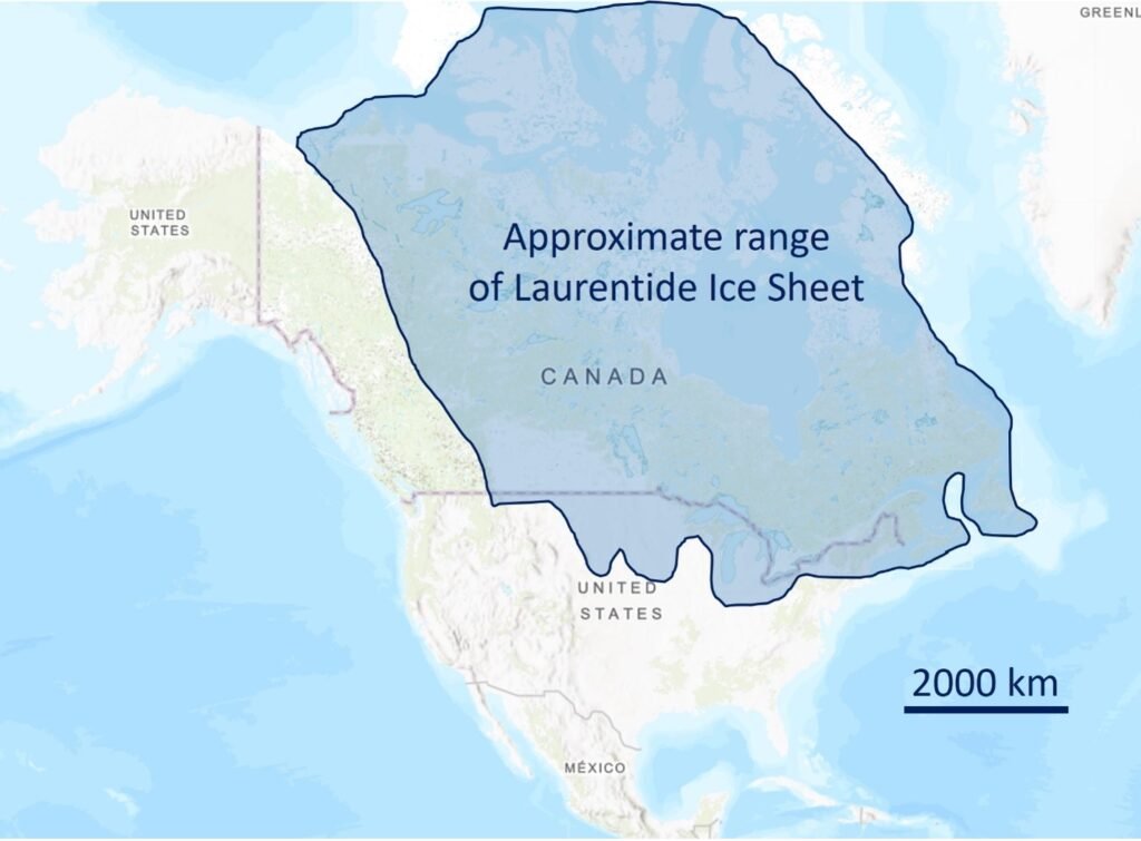 Map of North America showing approximate range of the Laurentide Ice Sheet