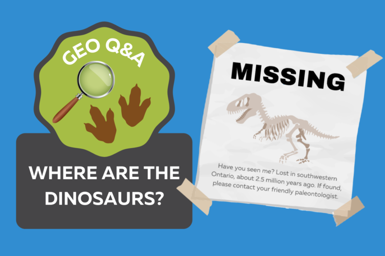 Graphic with dinosaur footprints and a magnifying glass. Text reads" Geo Q&A: Where are the dinosaurs?" There is a missing poster with a dinosaur on it beside the text.
