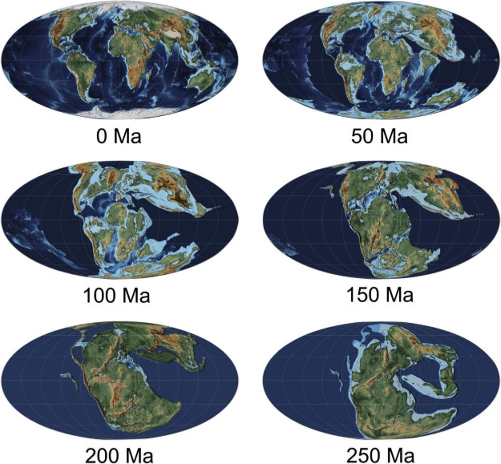 A representation of the breakup of Pangaea showing 6 images of the globe at various times in Earth's history.