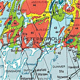 Geological map of Peterborough. Different colours represent different rock layers. 