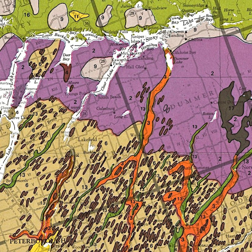 Geological map of the central portion of Southern Ontario. Different colours represent different rock units. 