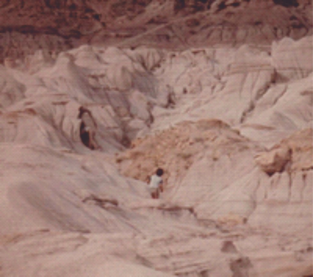 Cam looking for dinosaur fossils. Cam is pictured in the distance standing amongst large rocky hills.