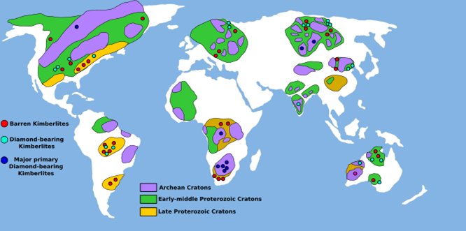 Digital image of a world map with coloured spots representing locations of kimberlites