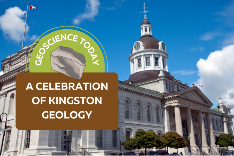 Kingston town hall. In front of the photo text reads: "Geoscience Today. A Celebration of Kingston Geology."