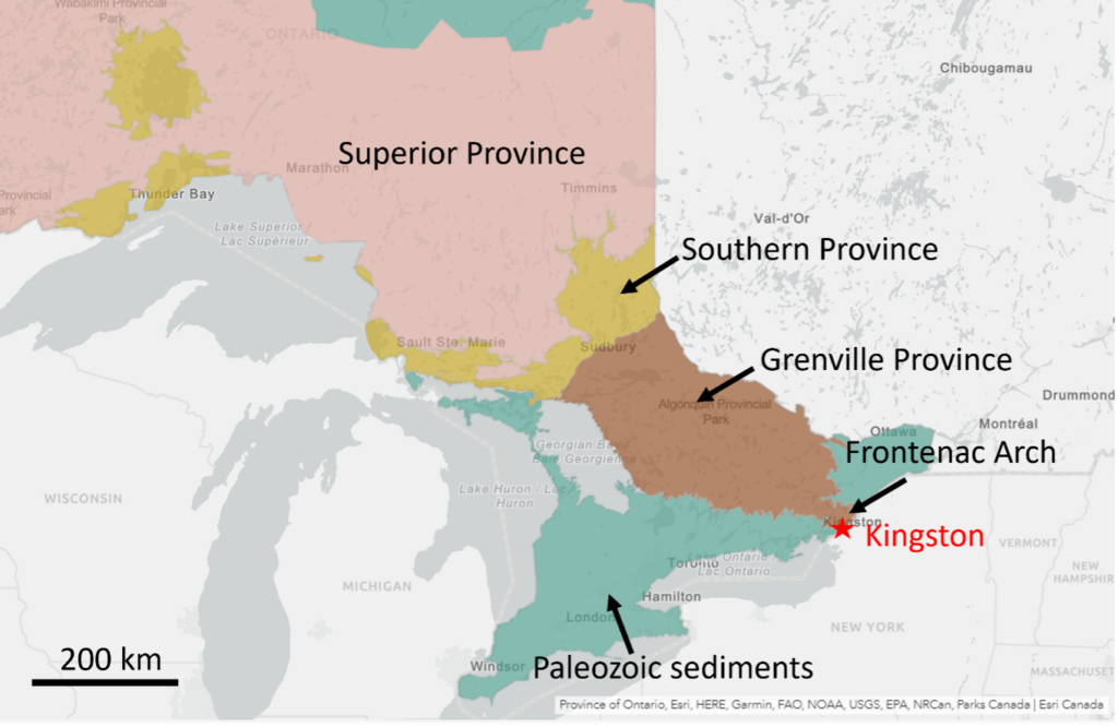 Map of Ontario showing the different rock units. Kingston is labelled with a red star.