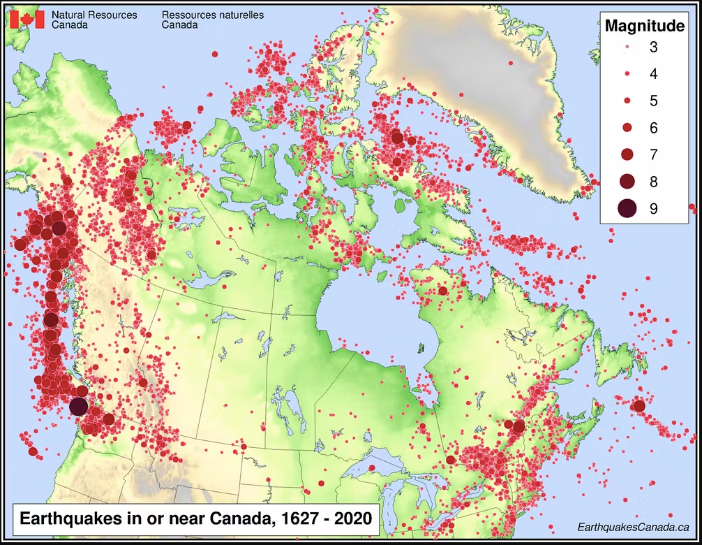 Map of Canada with red dots showing Earthquakes from 1627-2020