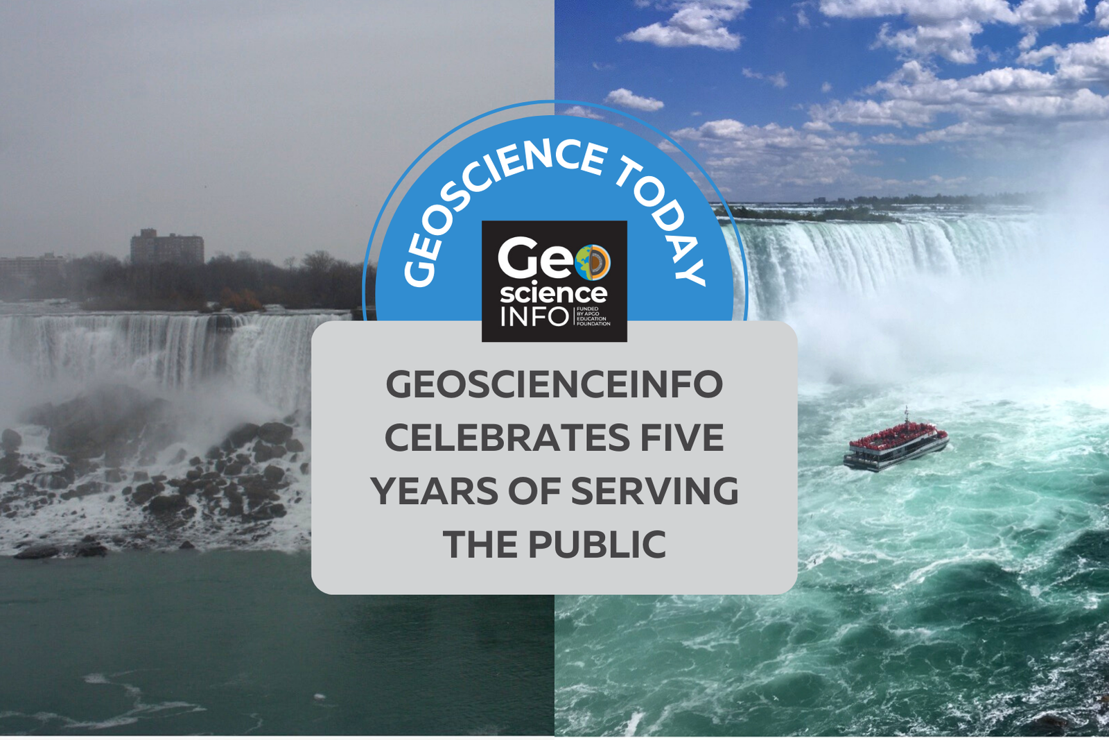 Two photos of Niagara Falls. The one on the left is grey and cloudy. The one on the right is bright and sunny. In front of the photos text reads: "Geoscience Today. GeoscienceINFO celebrates five years of serving the public."