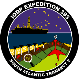 Logo of IODP Expedition 393. Drawing of a ship at nighttime on the water. Under the water layers of the Earth's mantle can be seen. 
