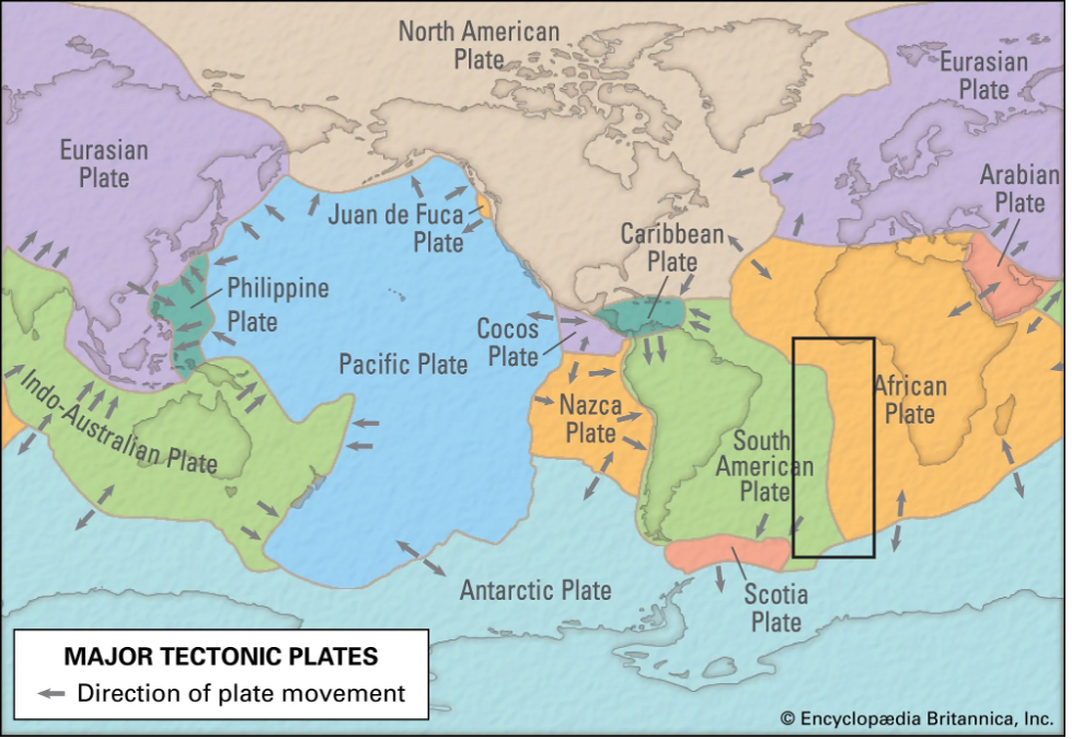 Map showing the major tectonic plates of the planet Earth. 