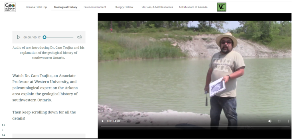 A screenshot of a webpage. On the left side there is text describing a video of Dr. Cam Tsujita explaining the geological history of southern Ontario. On the right side there is a thumbnail image of the video showing Dr. Cam Tsujita standing in front of a green-coloured lake. 