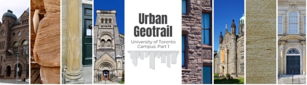 A screenshot of a header image on a webpage. There are 9 vertical rectangles with different images of buildings on the University of Toronto campus. The middle rectangle has text that reads: "Urban Geotrail. University of Toronto Campus, Part 1."