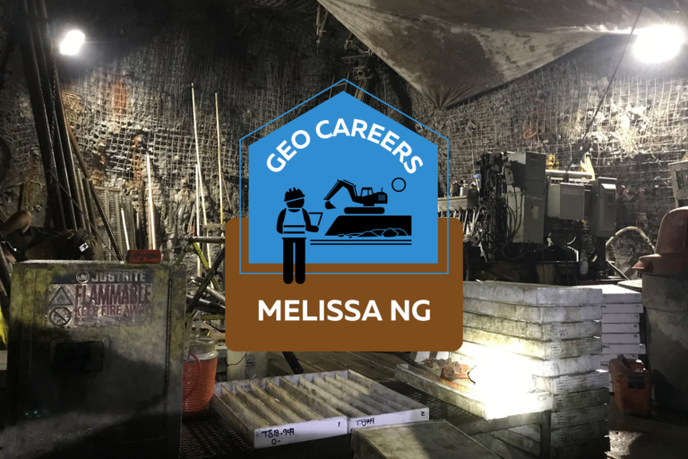 Underground photo of a mine site. Tools and various machines sit in front of a wall covered in wire. Text on top of the photo says: Geo Careers Melissa Ng.