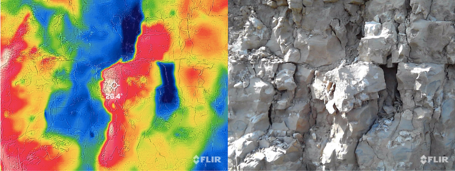 Two photos side by side. The photo on the right is a closeup of a cliffside. The photo on the left is the same image showing the thermal temperature gradient of the cliff.