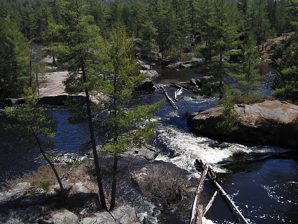 A birds eye view of a small waterfall surrounded by rocks and evergreen trees