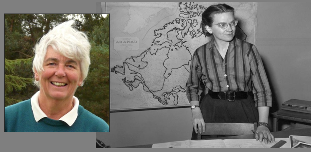 A black and white photograph of a young woman in a striped shirt with glasses. She is standing in front of a desk and there is a map of Canada on the wall behind her. In front of the photo there is another photo of an older woman, presumably the same person. This photo is in colour.