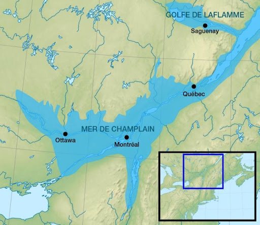 A map showing the sea of Champlain covering present day Ottawa and Montreal