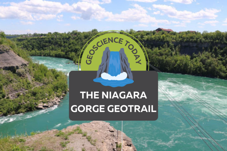 Aerial image of a turqoise river with white water. Surrounding the river is cliffs with greenery. Text on top of the photo reads "Geoscience Today. The Niagara Gorge Geotrail."