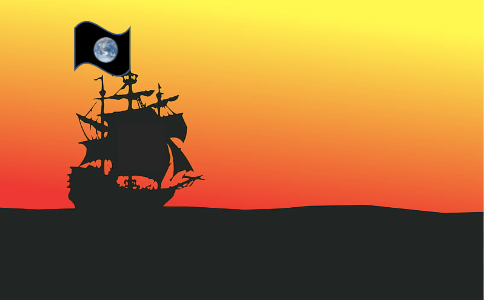 Drawing of a large sailboat sailing into the sunset. On the top of the sailboat a flag with the blue earth photo can be seen.