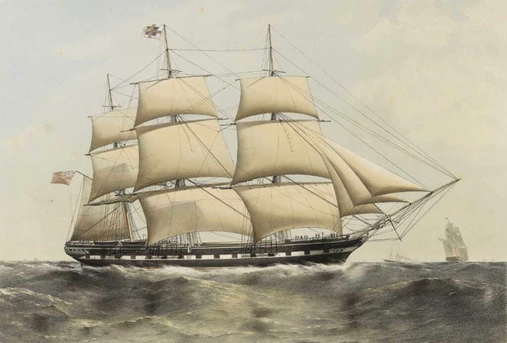 Drawing of large ship with many white sails.