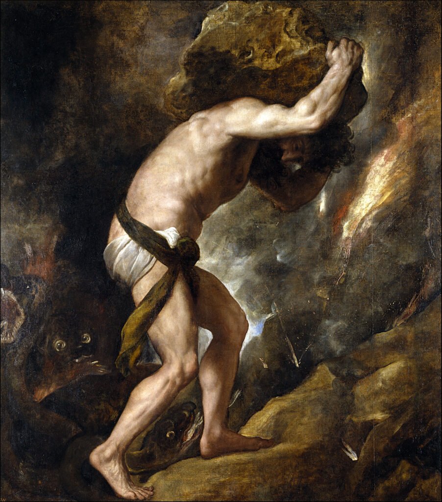 Painting of Sisyphus pushing a rock uphill.