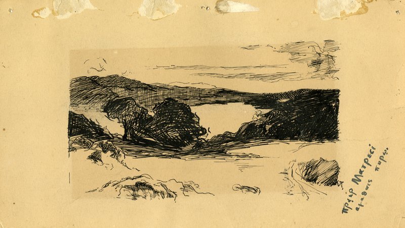A pen landscape drawing on cardboard by Kate Rice. The drawing depicts bushes in the foreground with a body of water and hills in the background.