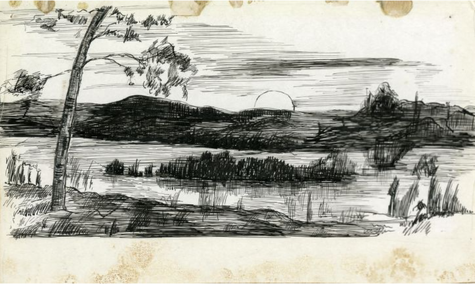 A pen drawing on cardboard of a landscape by Kate Rice. The drawing depicts a body of water with a tree in the foreground with the sun peeking above a hill in the background.