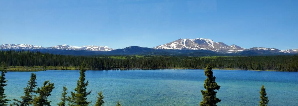 A panoramic view of a lake with mountains in the background. A few evergreen trees are in the foreground.