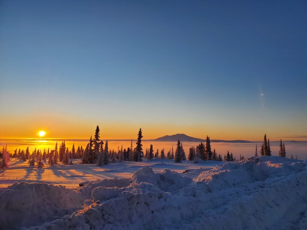 A snowy scene illuminated by the sun hovering just above the horizon. In the foreground mounds of snow and evergreen trees are lit by orange light with long shadows. In the background there is a mountain top exposed above the clouds.