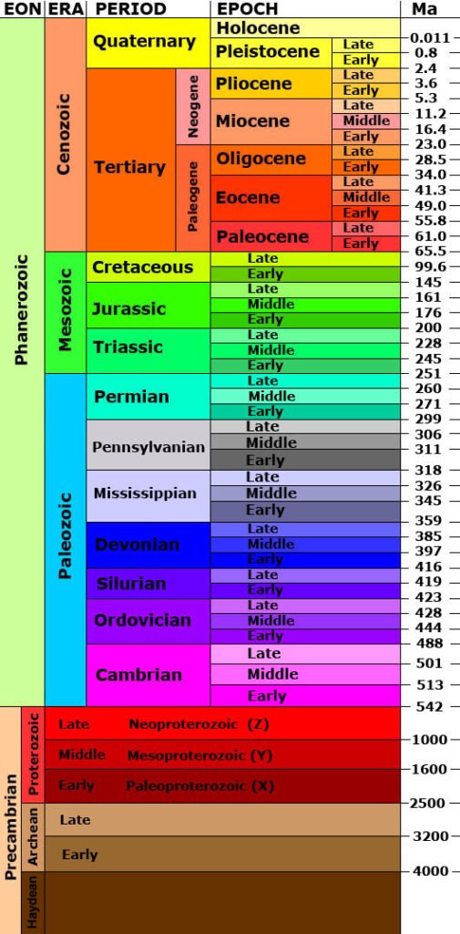 A graph showing the geologic time scale including eons, epochs, ages, eras, and dates.