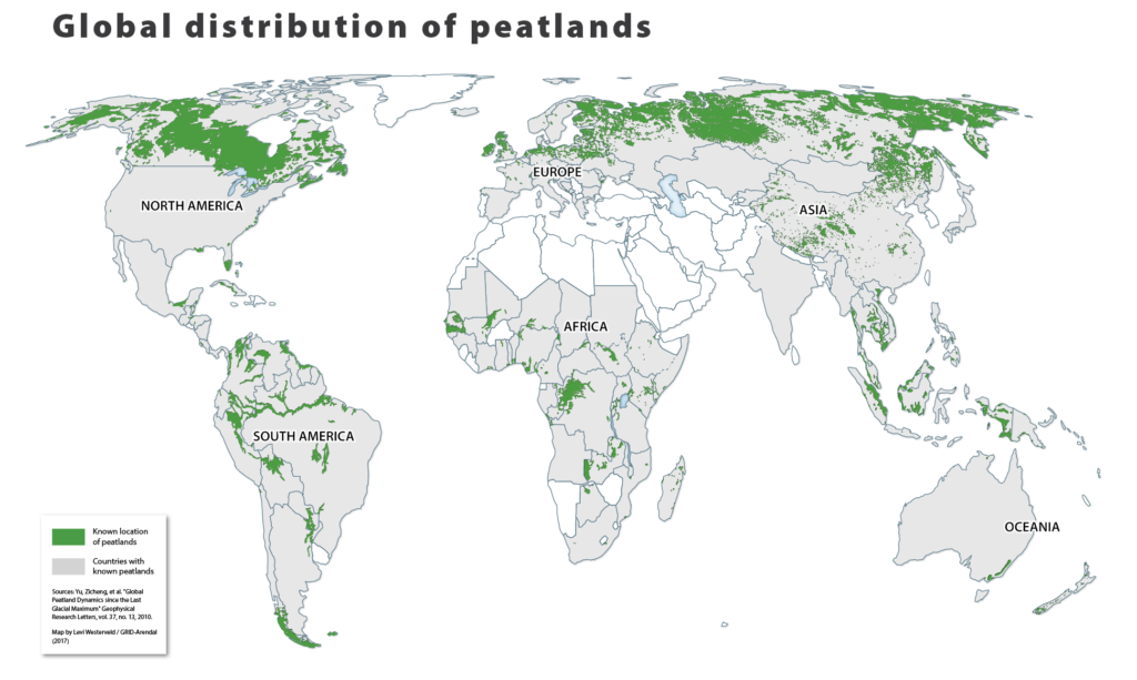 Map showing the locations of peatlands across the world