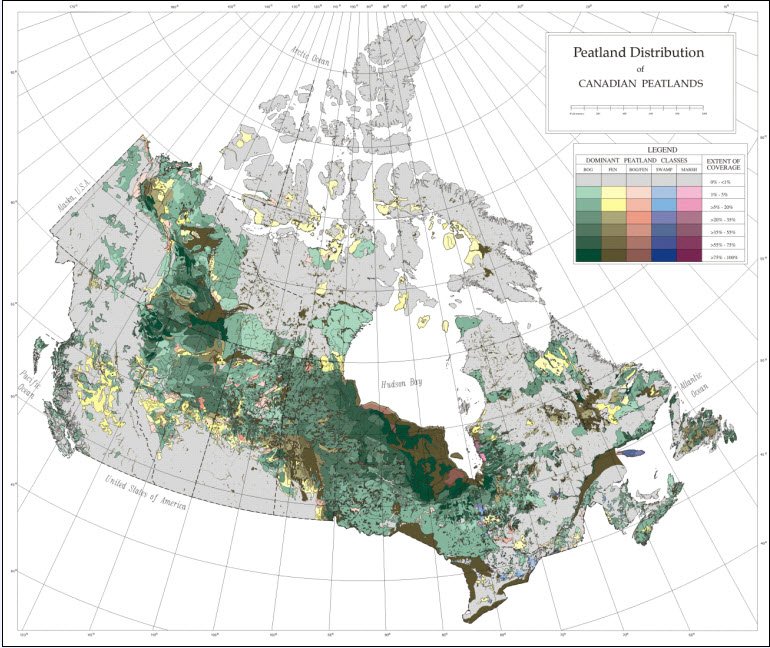 map showing peatlands across canada