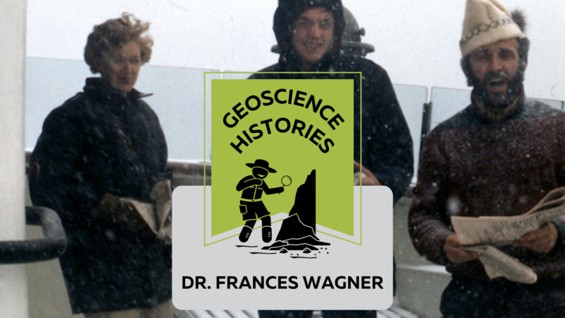 Three people standing on the deck of a boat with snow falling. Text on top of the photo reads: "Geoscience Histories, Frances Wagner"