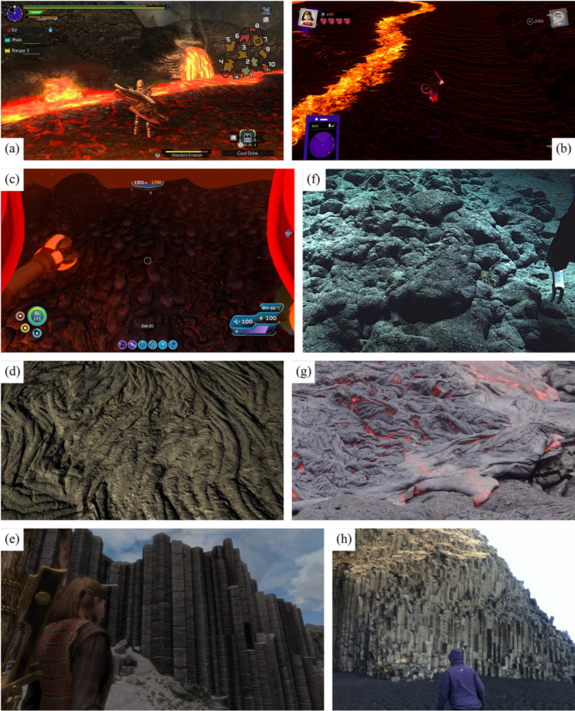 Eight photos: six are screenshots of lava represented in video games, two are photos of lava textures in real life.
