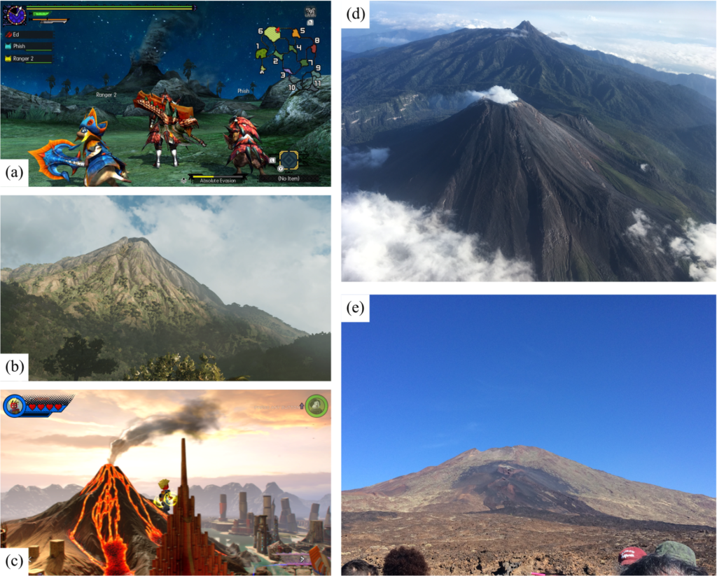 Five photos: three are screenshots of volcanoes in video games, two are aerial photos of real volcanoes